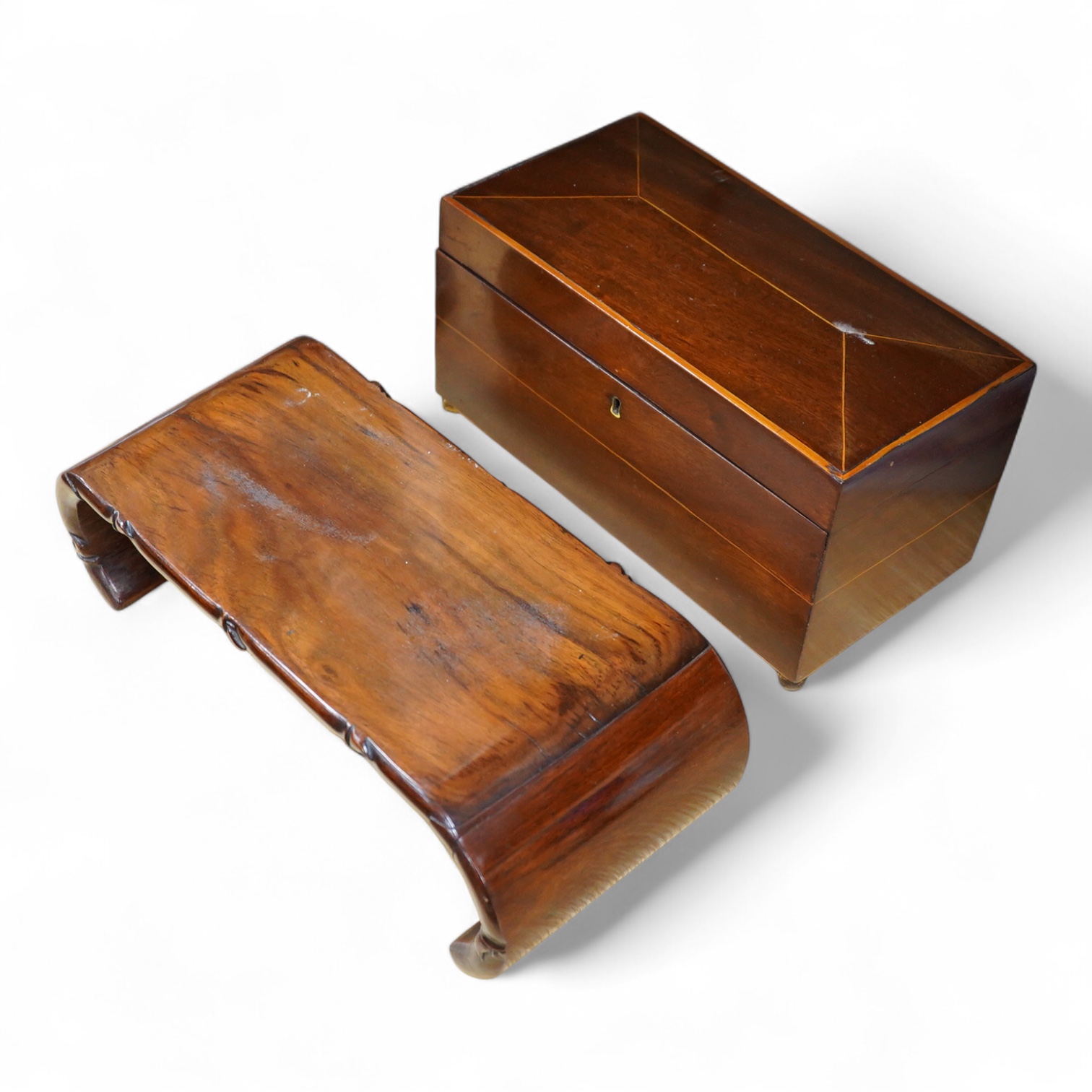 A Chinese padouk wood stand and a Victorian mahogany tea caddy, largest 36cm wide
